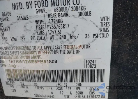 2006 Ford F-150 Xlt from USA, damaged, VIN 1FTRW12W96FB51809